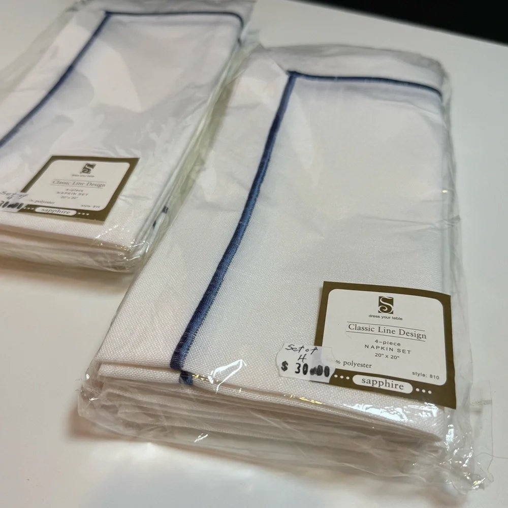 Classic Line Design White Napkins with Sapphire Stitched Boarder (8 Napkins)